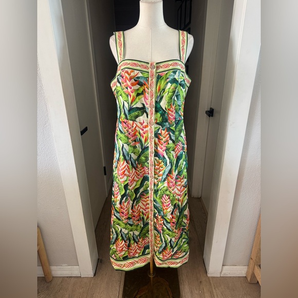 NEW | FARM Rio | Heli Leaves Button Front Linen Midi Dress | Sz L - Picture 3 of 12